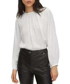 Hot Sale 🧨 BOSS Silk-Blend Pintuck Blouson Sleeve Top Vanilla Light 😀