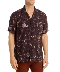 Best Sale 🛒 HUGO Ellino Cotton Floral Print Relaxed Fit Button Down Camp 👕 Shirt Dark Brown 😉