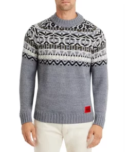 BOSS Sales Store 47 Wholesale 🔥 HUGO Steenor Wool Blend Fair Isle Relaxed Fit Mock Neck Sweater Gray ✔️