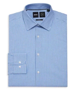 Discount 🧨 BOSS Cotton Blend Check Sharp Fit 👗 Dress 👕 Shirt Light Blue 😉