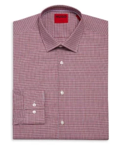 Promo 😀 HUGO Koey Cotton Check Slim Fit 👗 Dress 👕 Shirt Red 😉