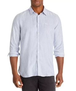 Hot Sale 🎁 BOSS Roger Stripe Print Slim Fit 👕 Shirt Bright Blue 👍