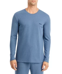 Best Pirce 💯 BOSS Cotton Blend Waffle Knit Logo Embroidered Long Sleeve Tee Bright Blue 🛒