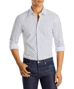 BOSS Sales Store 31 Discount 😍 BOSS Roan Slim Fit Geometric Print Long Sleeve 👚 Shirt White/turquoise Aqua ⌛