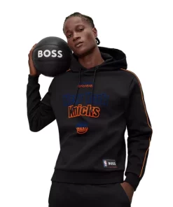 Hot Sale 😀 BOSS New York Knicks WBounce NBA 1023 Cotton Blend Flocked Logo Print Regular Fit Hoodie Black 👏 -BOSS Sales Store unnamed file 831